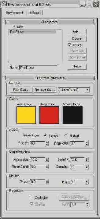 Рис. 15.50. Свиток Fire Effect Parameters содержит все необходимые элементы для настройки параметров пламени